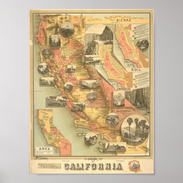 Poster Mapa Ilustrado de Vintage na Califórnia (Frente)
