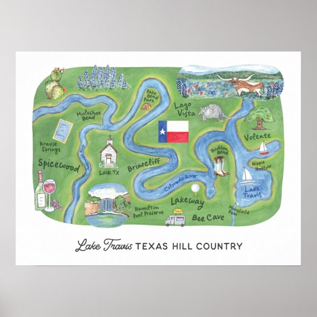Poster Mapa Ilustrado do Campo do Lago Travis Texas Hill (Frente)