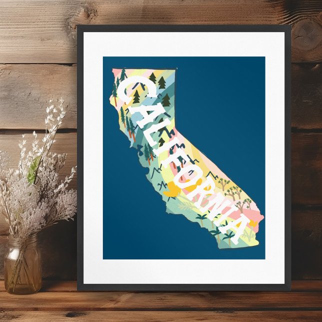 Poster Mapa Ilustrado do Estado da Califórnia (California State Illustrated Map Poster Wall Art)