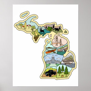 Poster Mapa Ilustrado do Estado do Lago excelente Michiga