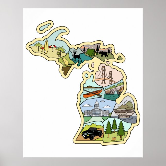 Poster Mapa Ilustrado do Estado do Lago excelente Michiga (Frente)