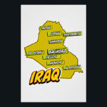 Pôster Mapa Ilustrado do Iraque de pop Art<br><div class="desc">Este mapa visualmente impressionante do Iraque é uma fusão da geografia e da arte pop. Cores negros,  imagens icônicas,  e tipografia brincalhona se juntam para criar uma peça única e cativante.</div>