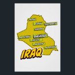 Pôster Mapa Ilustrado do Iraque de pop Art<br><div class="desc">Este mapa visualmente impressionante do Iraque é uma fusão da geografia e da arte pop. Cores negros,  imagens icônicas,  e tipografia brincalhona se juntam para criar uma peça única e cativante.</div>