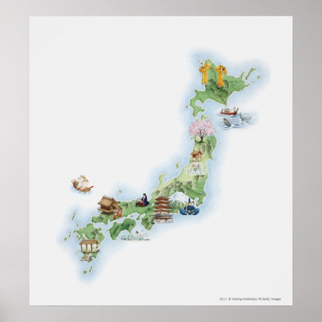 Poster Mapa ilustrado do Japão antigo (Frente)