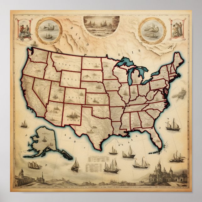 Poster Mapa ilustrado dos E.U.A. (Frente)
