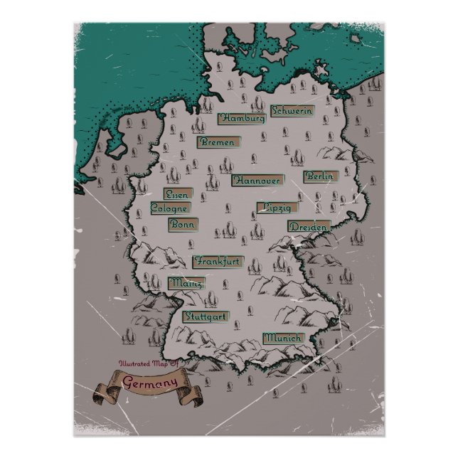 Pôster Mapa ilustrado vintage da Alemanha (Frente)