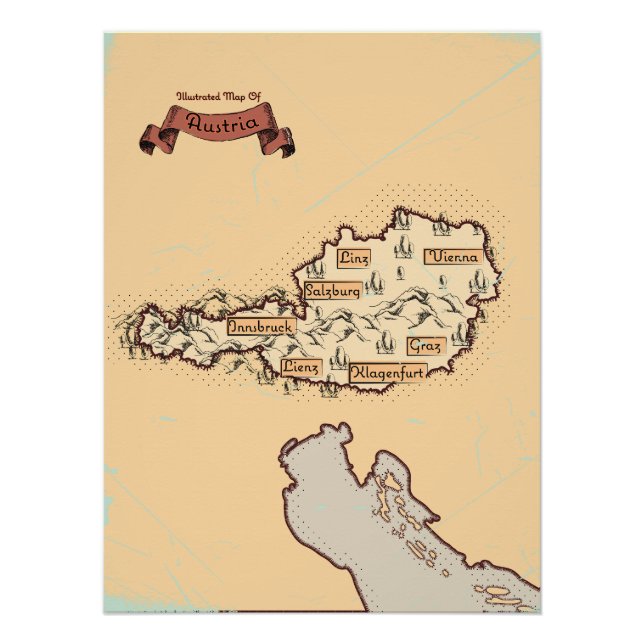 Pôster Mapa ilustrado vintage da Áustria (Frente)