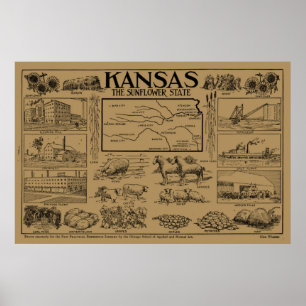 Poster Mapa ilustrativo do vintage de Kansas (1912) - Tan