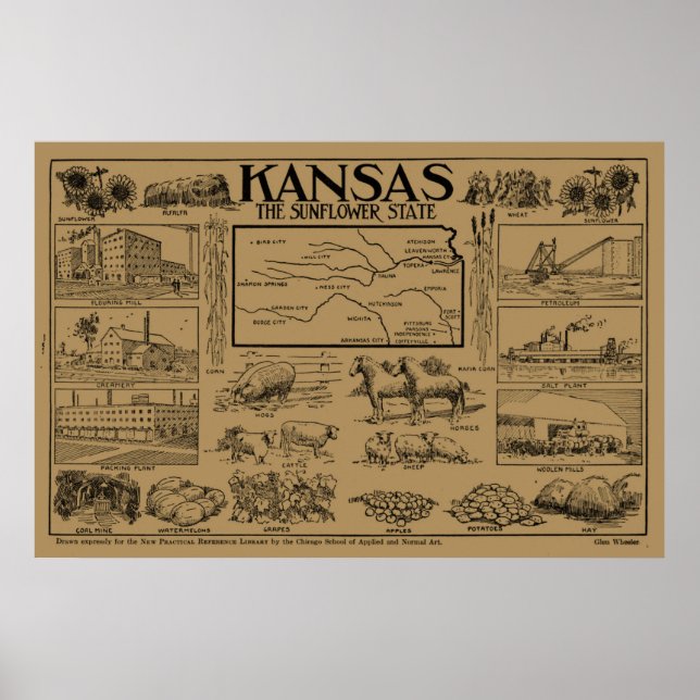 Poster Mapa Ilustrativo Vintage do Kansas (1912) - Tan (Frente)
