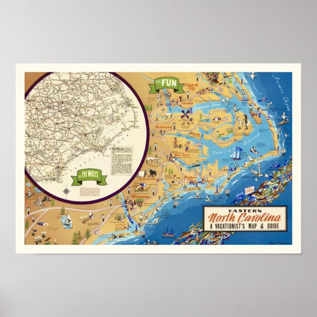 Poster Mapa Impresso da Carolina do Norte Oriental 12x18 (Frente)