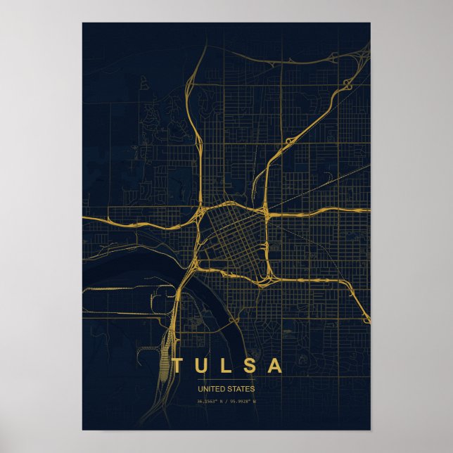 Poster Mapa Impresso Estilizado de Tulsa Oklahoma (Frente)