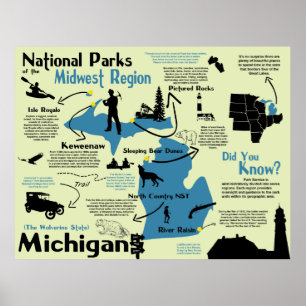 Poster Mapa Infográfico dos Parques Nacionais do Michigan