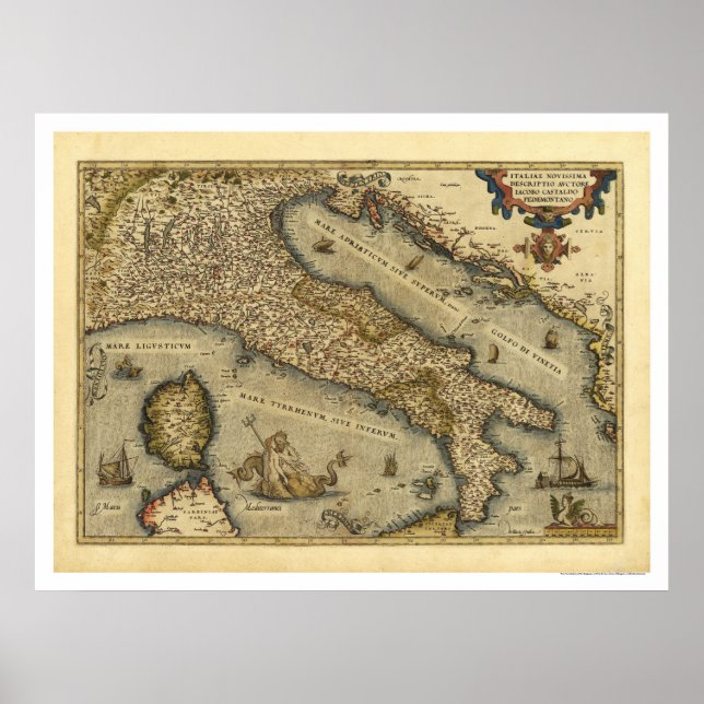 Poster Mapa italiano por Ortelius 1570 (Frente)