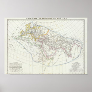 Pôster Mapa litografado mundo do hemisfério oriental