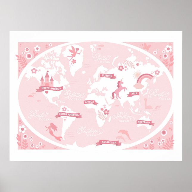 Poster Mapa Mágico do Mundo Rosa - Arte Infantil (Frente)
