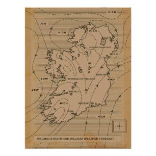 Pôster Mapa meteorológico antigo da Irlanda e Irlanda do 