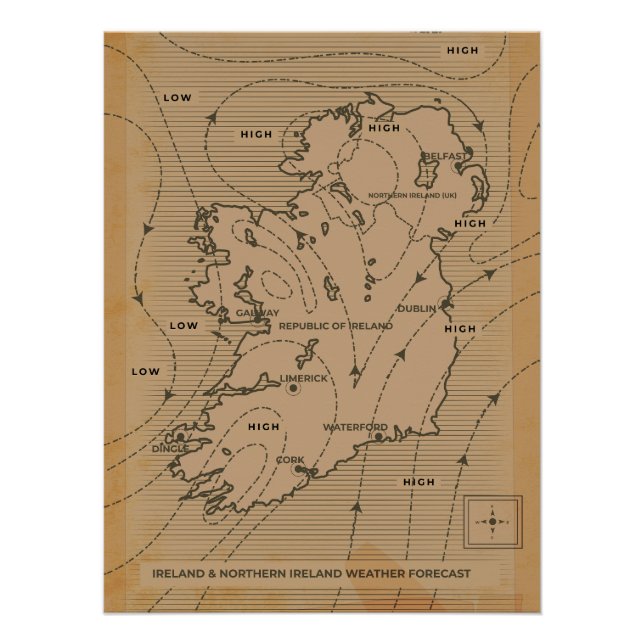 Pôster Mapa meteorológico antigo da Irlanda e Irlanda do  (Frente)