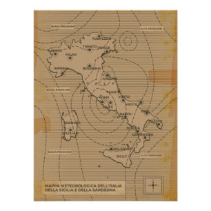 Pôster Mapa meteorológico antigo da Itália, Scilly e Sard