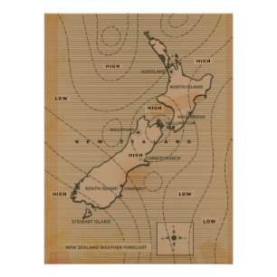 Pôster Mapa meteorológico antigo da Nova Zelândia