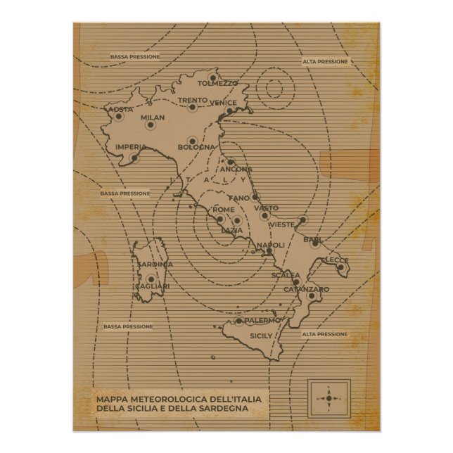 Pôster Mapa meteorológico da Itália, da Scilly e da Sarde (Frente)