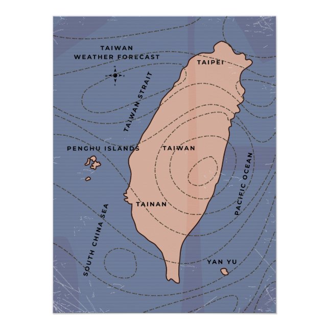 Pôster Mapa meteorológico estilo retrô de Taiwan (Frente)