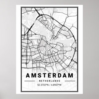 Poster Mapa Minimalista da Cidade de Amsterdã Preto e Bra
