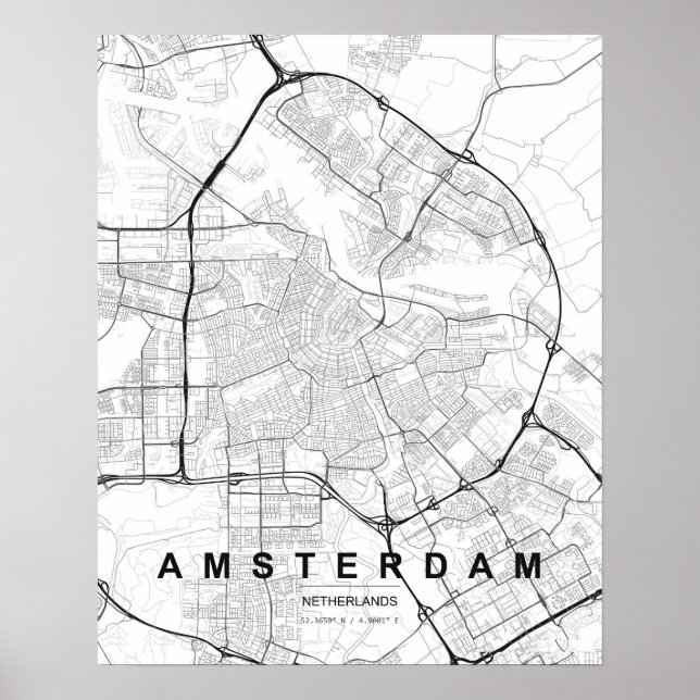 Poster Mapa Minimalista de Amsterdã (Preto e Branco) (Frente)
