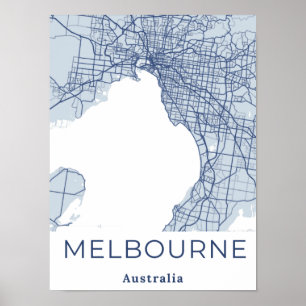 Poster Mapa Minimalista de Melbourne Cinza Azul Moderna