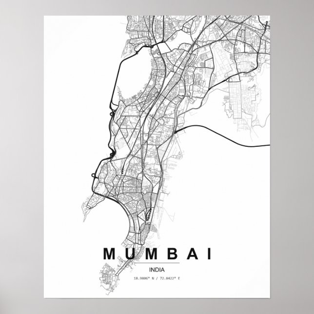 Poster Mapa Minimalista de Mumbai (Preto e Branco) (Frente)