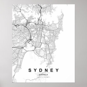 Poster Mapa Minimalista de Sydney (Preto e Branco)
