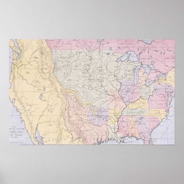 Pôster Mapa mostrando as localidades das tribos indígenas (Frente)