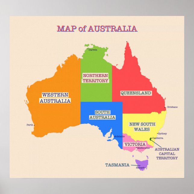 Pôster Mapa multicolorido da Austrália (Frente)