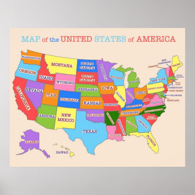 Poster Mapa Multicolorido Dos Estados Unidos (Frente)