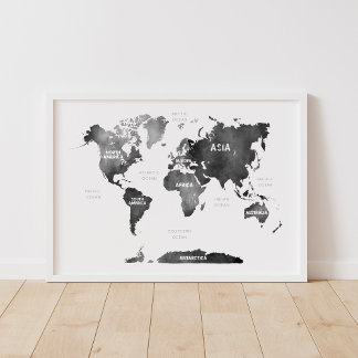 Poster Mapa Mundi de Continentes e Oceanos em Aquarela Pr