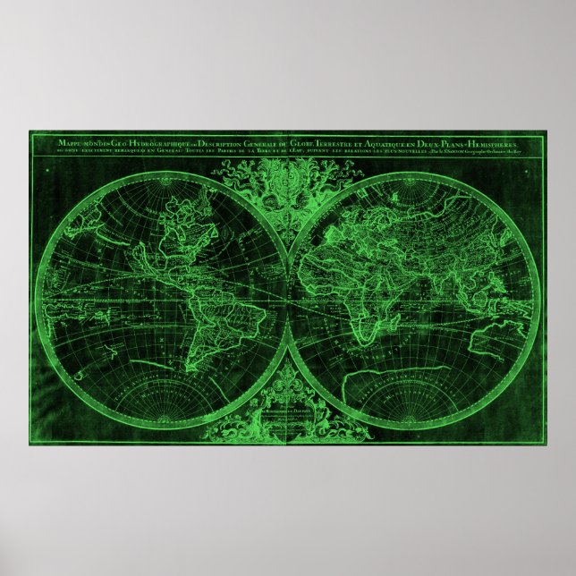 Poster Mapa Mundial (1691) Preto e Verde (Frente)