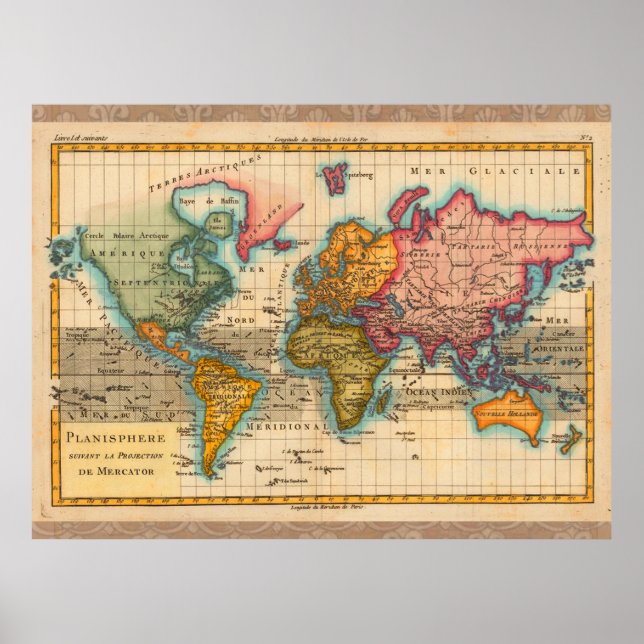 Pôster Mapa Mundial 1700s Antiquado (Frente)