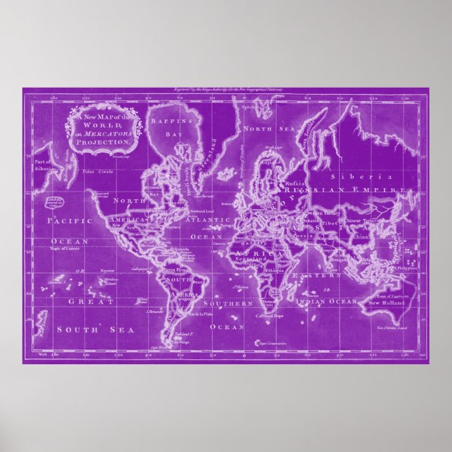 Poster Mapa Mundial (1766) Roxo e Branco (Frente)