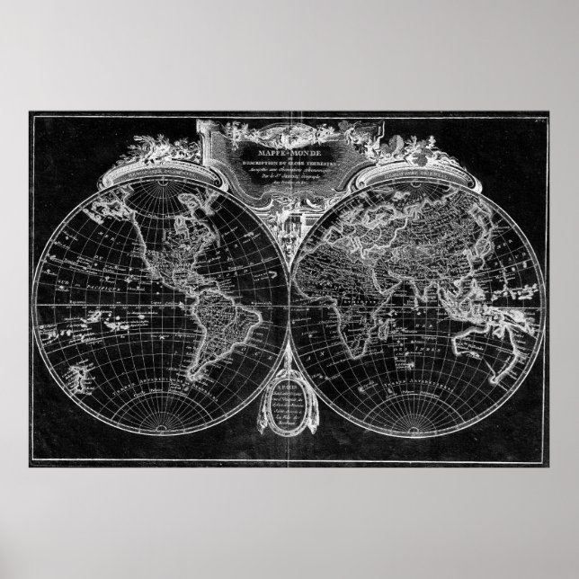 Poster Mapa mundial (1775) preto e branco (Frente)