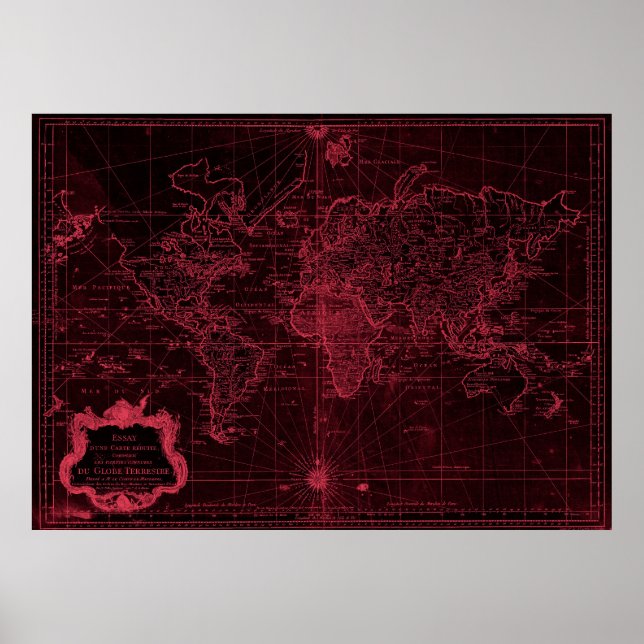 Pôster Mapa Mundial (1778) Preto e Vermelho Claro (Frente)
