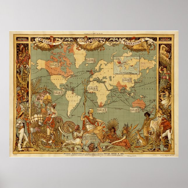 Pôster Mapa Mundial Antigo 1886 Ilustrado (Frente)