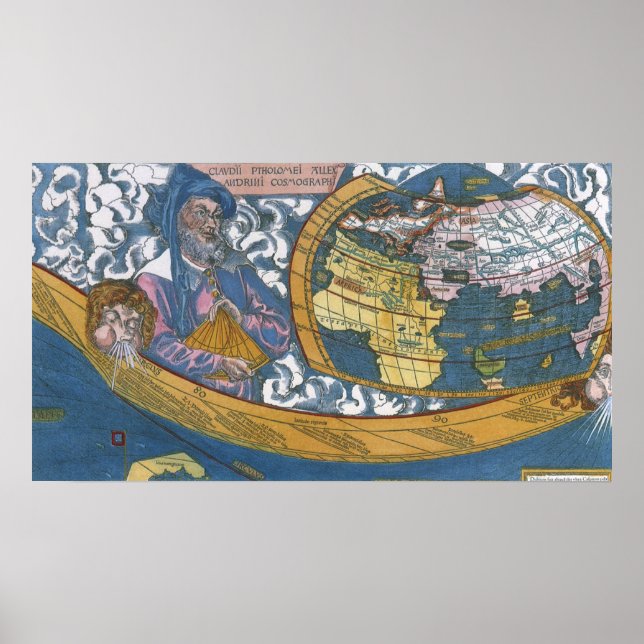 Poster Mapa Mundial Antigo com Claudius Ptolemy, 1507 (Frente)