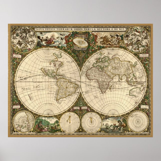 Poster Mapa mundial antigo de Frederick de Wit em 1660 (Frente)