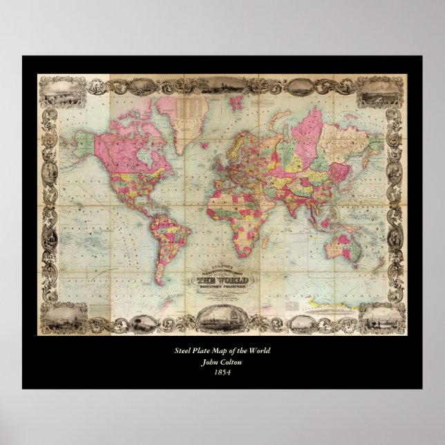 Pôster Mapa mundial antigo de John Colton, cerca de 1854 (Frente)