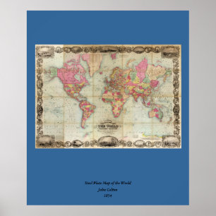 Pôster Mapa mundial antigo de John Colton, cerca de 1854
