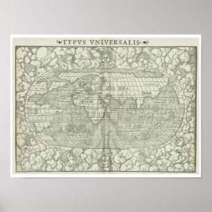 Poster Mapa mundial antigo de Sebastian Münster por volta