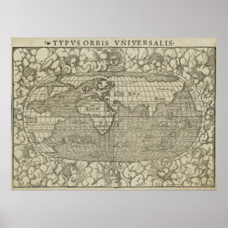 Poster Mapa mundial antigo de Sebastian Münster por volta