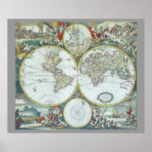 Pôster Mapa Mundial Antigo do Século XVII, Frederick De W