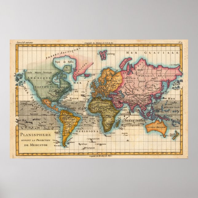 Pôster Mapa Mundial Antigo Século XVIII  (Frente)