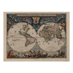 Pôster Mapa Mundial Antiquado: Arte Cartográfica Históric