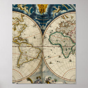 Pôster Mapa Mundial Antiquado - Blaeu, Joan 1664